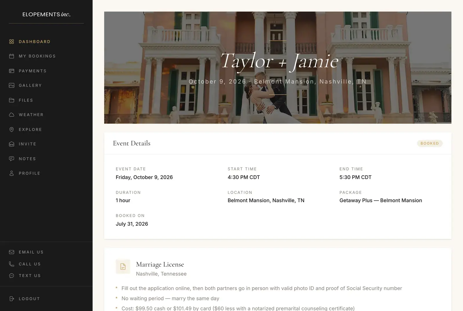 The planning portal's dashboard for a sample couple: their names over a Belmont Mansion cover photo, the date, start and end time, length, package and booking date