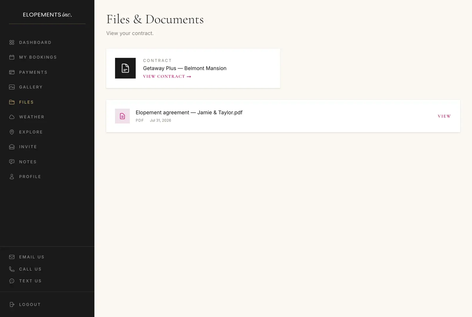 Files and documents in the planning portal: the contract and a shared PDF, each ready to open