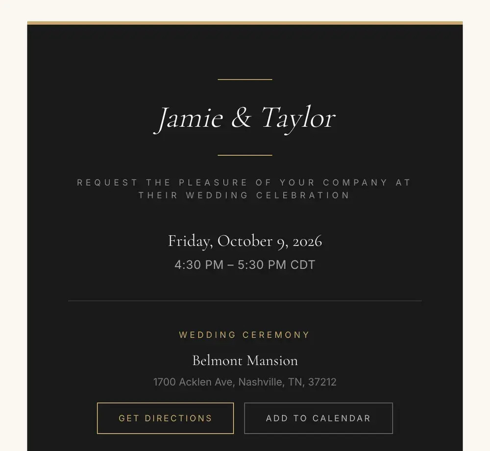 The wedding invitation page from the planning portal: the couple's names, the date and time, Belmont Mansion's address, directions and add to calendar
