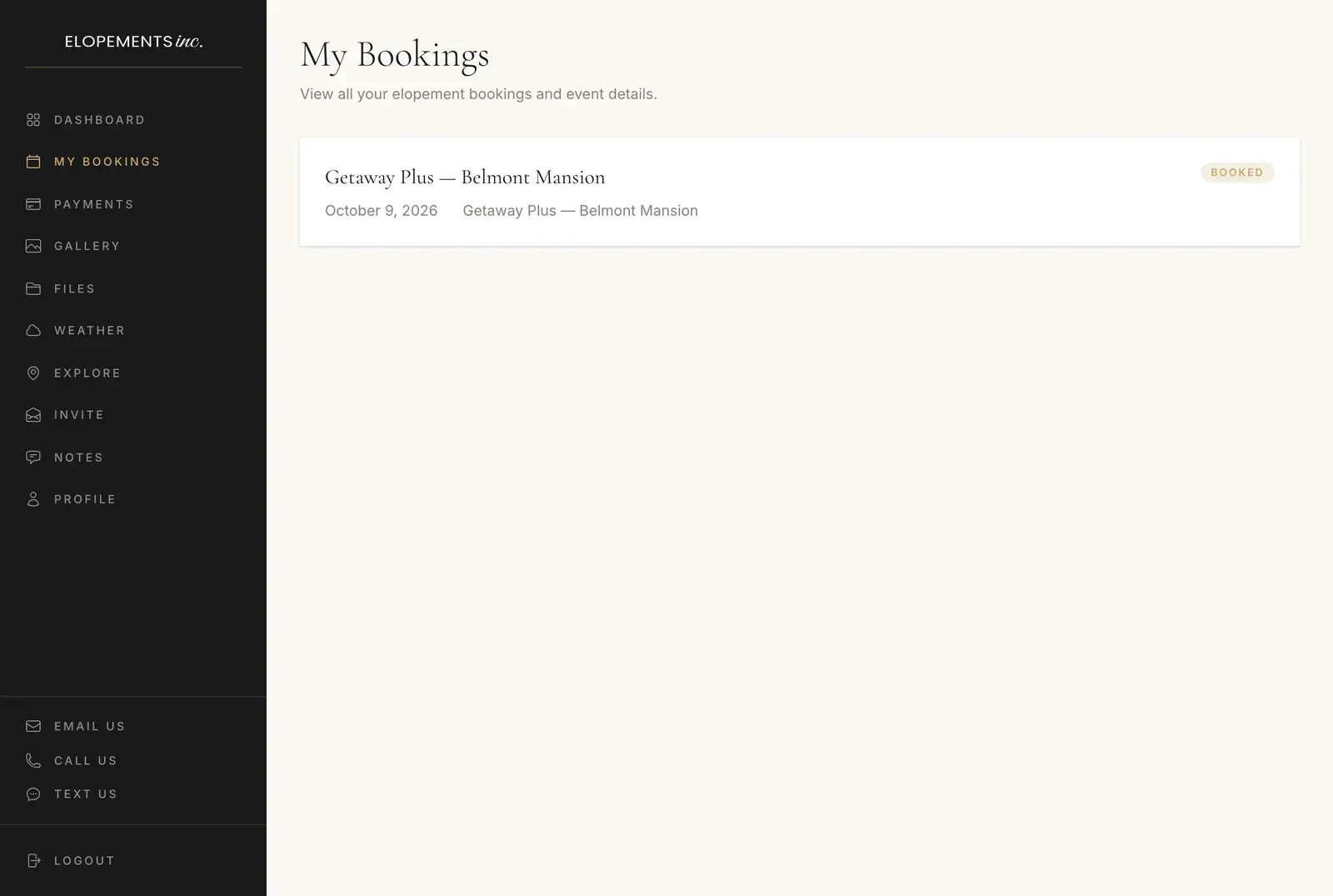 My Bookings in the planning portal: a sample couple's Getaway Plus at Belmont Mansion, marked booked