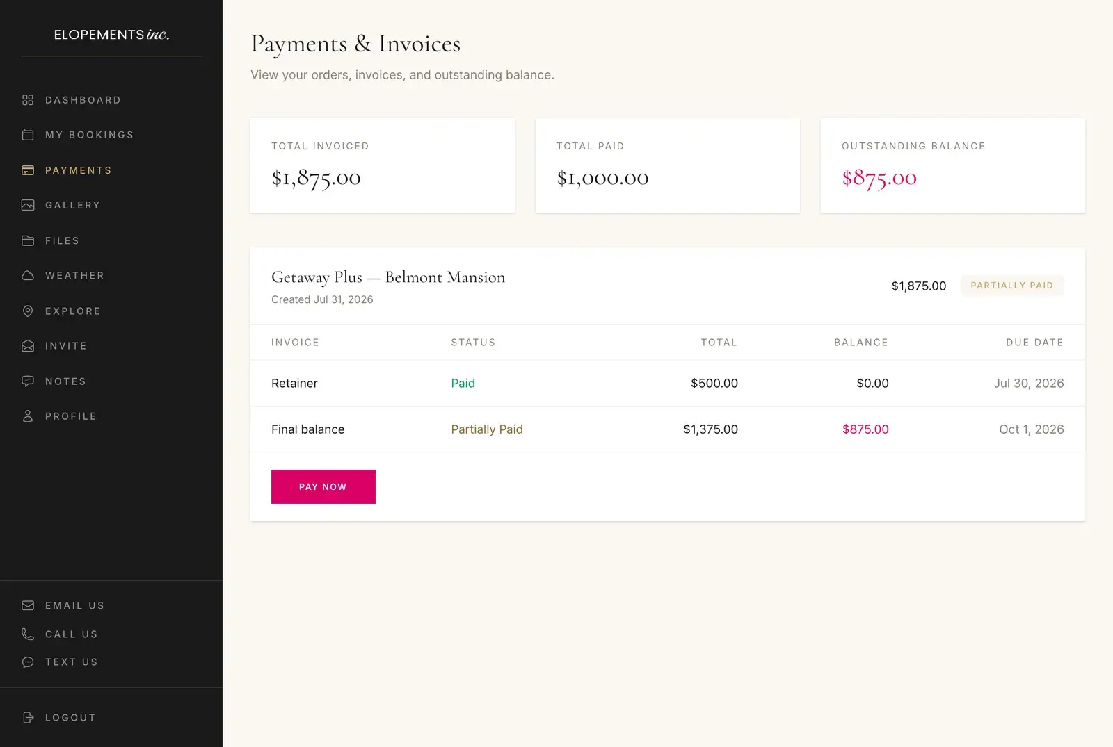 Payments and invoices in the planning portal: total invoiced, paid and outstanding, a paid retainer, a partially paid final balance and the Pay Now button