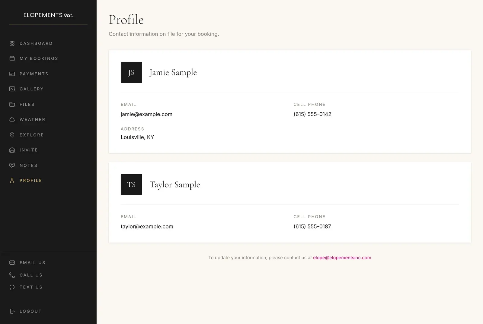 Profile in the planning portal: the contact details on file for both partners