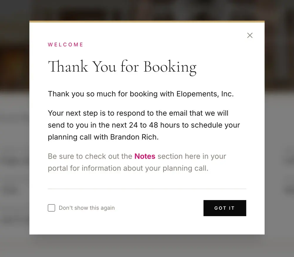 The planning portal's welcome after booking: thank you, and an email within 24 to 48 hours to schedule the planning call with Brandon Rich